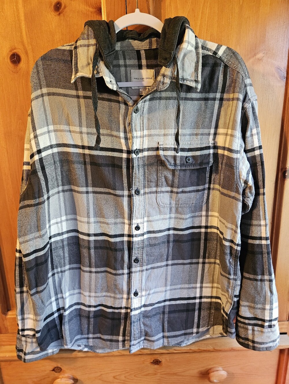 Men's Hooded Plaid Button-Up Shirt Jacket - Gray/Black SIZE LARGE